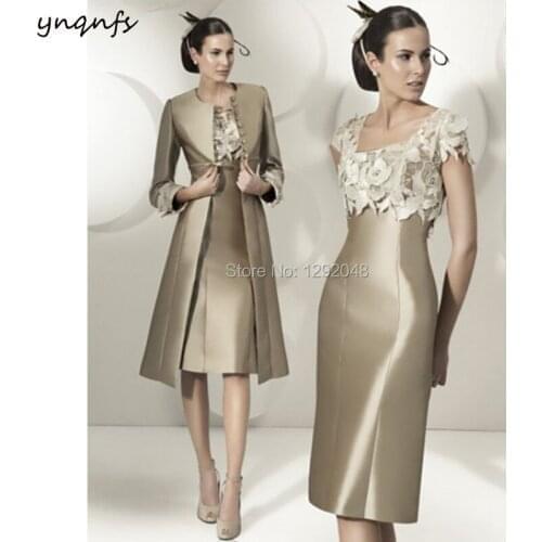 YNQNFS MD245 Satin 2020 Two Piece Champagne Mother of the Bride/Groom Dresses Outfits with Jacket/Coat/Bolero Custom Size 2019