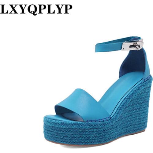 Woman Platform Wedge Sandals Fashion Hemp Rope Wedge Heel Shoes Lady Black White Brown Leather Large Size Party Shoes Dropship