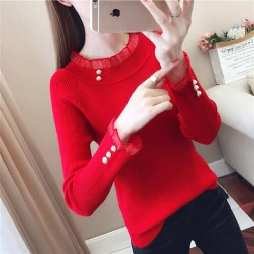 Women Sweaters Autumn Winter Lace Crew neck Casual Knitted Jumper Solid Warm Tops Elegant Slim Elasticity Pullover Sweater Lady
