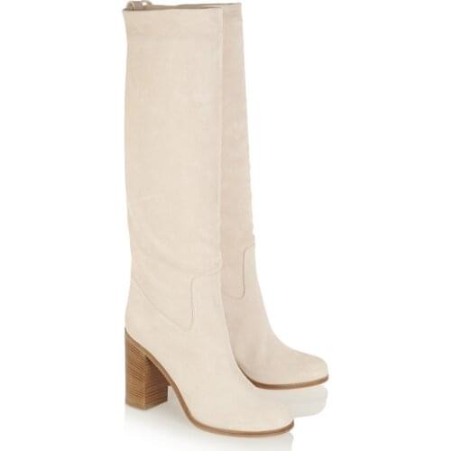 Fall boots for woman chunky high heels long boots beige white suede knee high gladiator boots plus size 42 free shipping