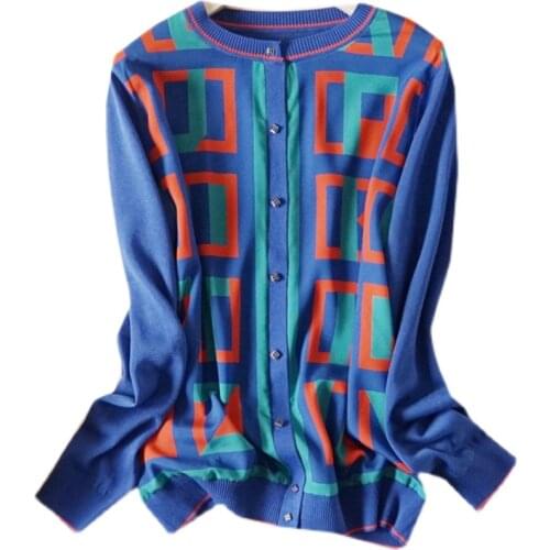 Silk rayon wool cashmere blend knit women fashion print patchwork cardigans sweaters coat single breasted spring autumn M/L