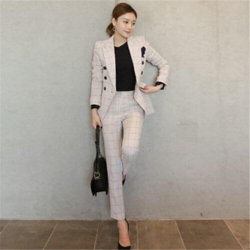 2021 Autumn Fashion Week New Womens 2-Pieces Elegant Lattice Long Sleeves Double-Breasted Notched Bussines Office Lady Suit
