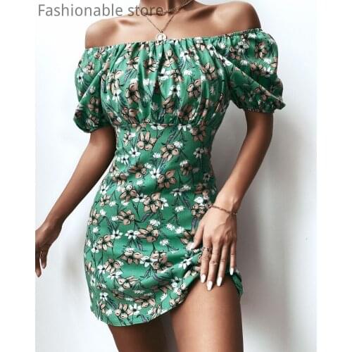 Women Elegant Slash Neck Off Shoulder Print Mini Dress