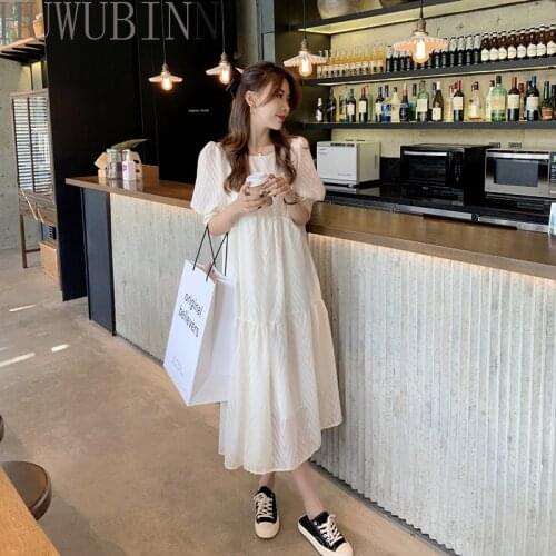 2021 Latest Korean Large Womens Summer Lace Chiffon Loose Round Neck Medium Longbubble Short Sleeve Slim Dress