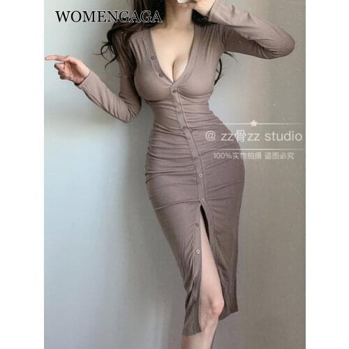 WOMENGAGA Autumn Korean V Neck Mature Elegant Button Long Sleeve Party Bodycon Office Dress Sexy Women Robe Femme XP2X