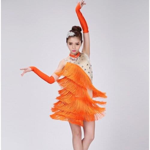 2019 women professional Latin dance competition dress customize children orange tassel sequined Rumba Samba costumes for girls