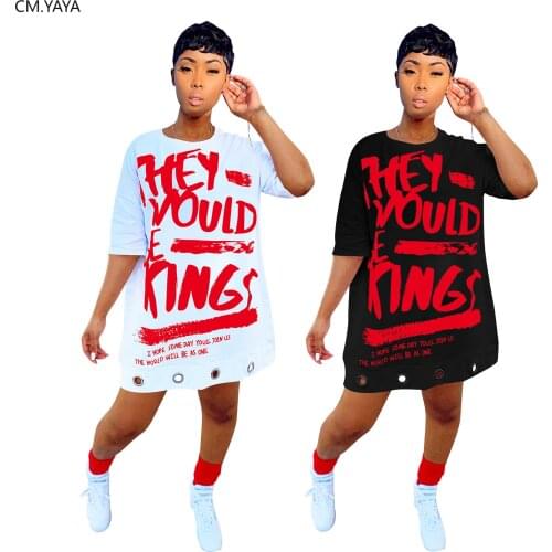 CM.YAYA Women They Would Be Kings Letter Print O-neck Half Sleeve Loose Slim T-shirt Dress Fashion Streetwear Dressses
