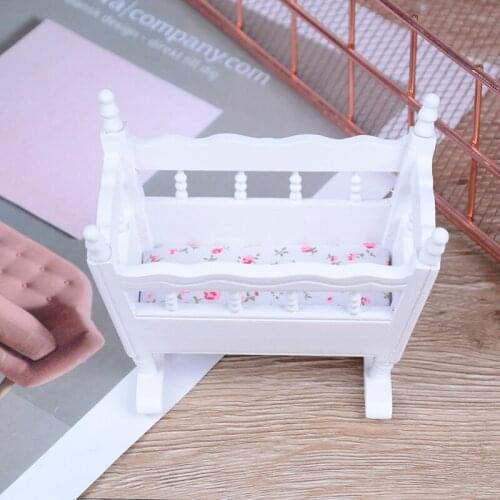 1PCS Modern White Wooden Furniture Crib For Baby Cradle Children Room Doll House 1:12 Miniature