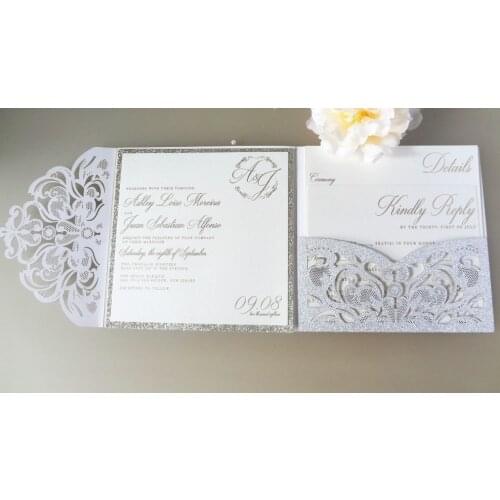 100pcs Silver Glitter Paper Laser Cutting Pocket Wedding Invitation Blank Cards with Envelope Carte De Mariage Invitation Lot