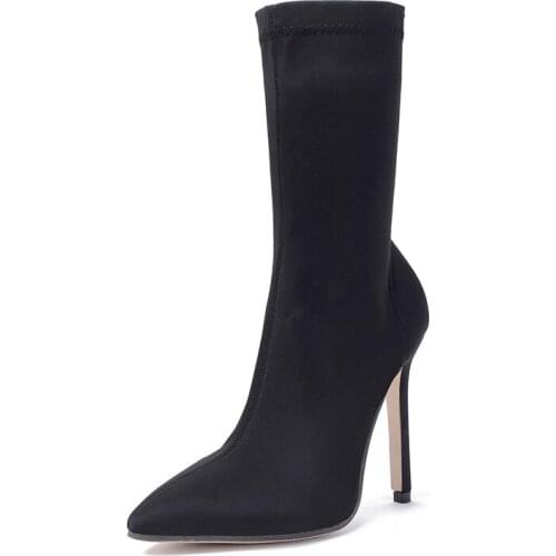 2021 Autumn Luxury Women Beige Sock Boots Exotic Dancer High Heels Stiletto Boots Winter Fashion Stretch Fabric Boots Plus Size