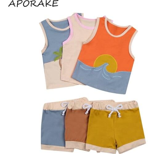 2021 0-5Y Infant Baby Boy Girl Summer Soft Cotton Clothing Cartoon Rainbow/Beach/Sea Embroidery Sleeveless Top Vest+Shorts 2pcs