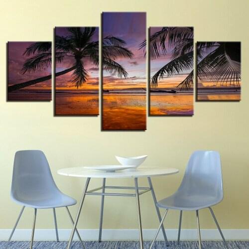 No Framed Beach Palm Trees Sunset 5 Pcs Canvas Picture Print Wall Art Canvas Painting Wall Decor for Living Room