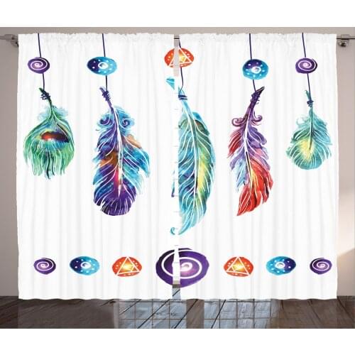 Boho Watercolors Curtains Colorful Feathers and Beads Satin Fabric Drapes for Living Room Bedroom 2 Panel Window Set
