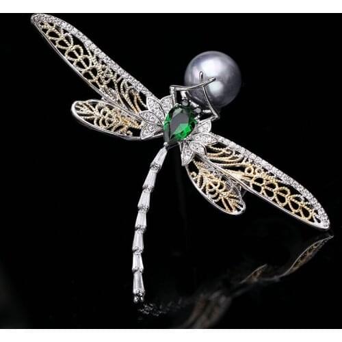 Large Red Green Dragonfly Brooch with Pear Broach Vintage Style Bridal Bouquet Scarf Insect Brooches Pin Luxury Gift for Women