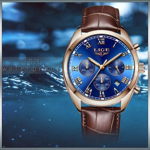 LIGE Mens Watches Top Brand Luxury Chronograph Men Watch Leather Waterproof Sports Watch Male Military Clock Relogio Masculino