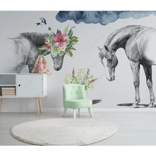 Custom photo wallpaper for walls 3 d murals European flower black and white horse wallpaper TV background wall papers decoration