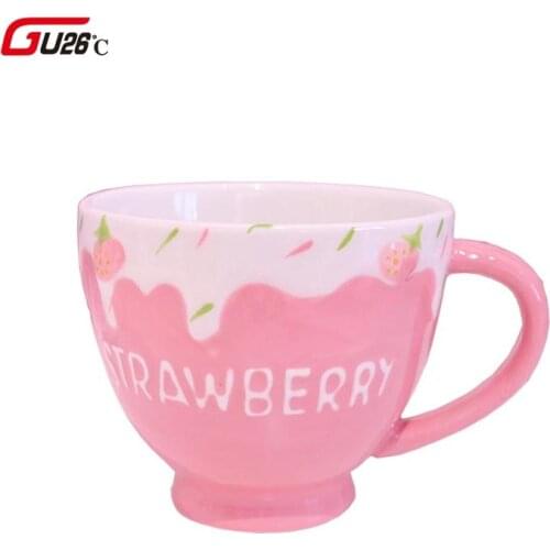 400ML Embossed Porcelain Cute Mug Strawberry Design Ceramic Pink Mugs Coffee Milk Juice Cups Christmas Mug Cafe Cup Reusable