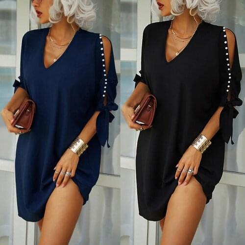 Fashionable And Elegant Womens Large Dress 2021 Summer New Black Off Shoulder V-neck Beaded Short Sleeve Loose Dress Vestidos