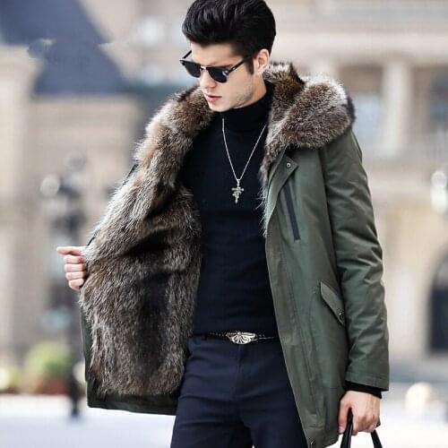 Real Men Parka Winter Jacket Natural Raccoon Fur Liner Long Warm Coat Hooded Parkas Hombre Outerwear 91716