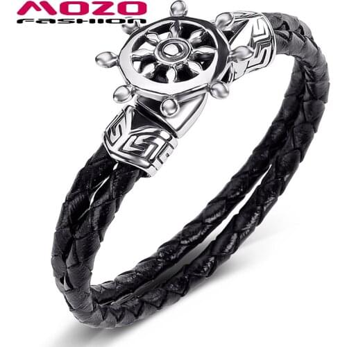 2020 New Men Jewelry Black Genuine Leather Bracelet Stainless Steel Punk Boat Rudder Charm Simple Women Bangles
