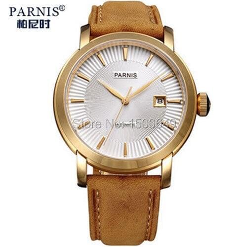 40mm Parnis White Dial Gold steel Brown strap Case Automatic movement mens wristwatch