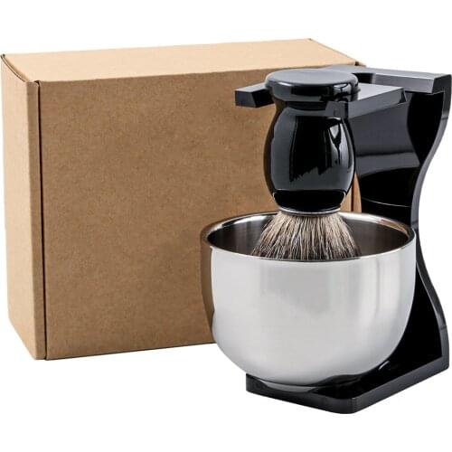 3in1 Shaving Brush Set, Knot 22mm, Badger Hair Wood Handle, Acrylic Stand, Stainless Steel Bowl Mug, for Men Wet Shave Kit Gift