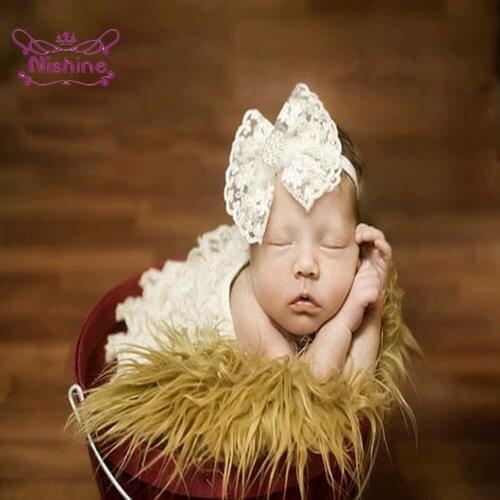 Nishine Lace Bowknot Newborn Baby Girl Headband Nylon Elastic with Pearl HairBands Toddler Kid Accessories Infant Photo Headwarp