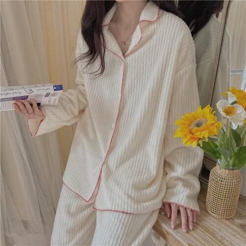 Fdfklak Ins New Korean Pajamas Women Thicken Velvet Winter Pyjamas Female Warm Home Clothing Casual Night Suit Pijama Feminino