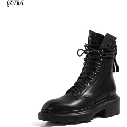 QZYERAI New style Martin boots Genuine leather Female boots Womens boots cowhide Autumn and winter Womens shoes