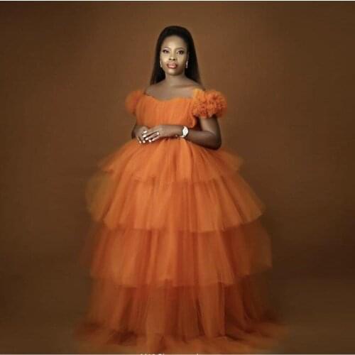 Modest Puffy Orange Tulle Ball Gowns Ruffles Tiered Long Women Dresses Long Tulle Prom Gowns Plus Size Vestidos