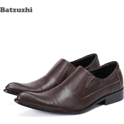 Batzuzhi Fashion Mens Shoes Poined Toe Brown Genuine Leather Dress Shoes Men Business Oxford Shoes Slip on Zapatos Hombre,US12