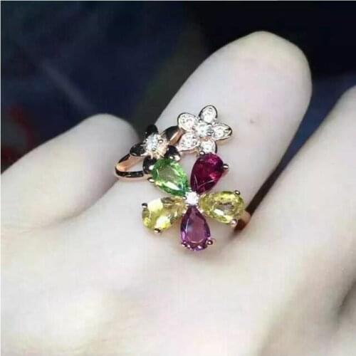 Tourmaline ring Natural real tourmaline 4*6mm *5pcs gemstone jewelry 925 sterling silver Flower style