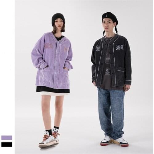 2021 Spring Autumn Mens Corduroy Coats Personality Fashion Retro Gothic Letters Embroidery Jackets Womens Loose No Collar Tops