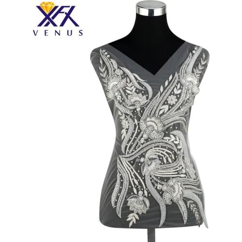 XINFANGXIU 1Pcs Handmade Rhinestones Beads Patches Embroidered Rhinestone Wedding Dress Applique Wedding Fabric Accessories