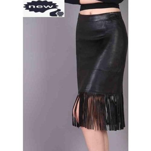 Spring New Fashion Women Tassel Knee Length Skirts Genuine leather Streetwear Casual Solid Blak Natural Sheepskin High Waist