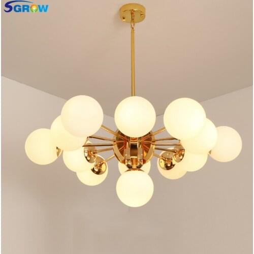 SGROW Iron 7/13 Heads Glass Balls Chandelier with E27 Bulb Light Source Indoor Lighting Frosted Hanging Led Lamp for Living Room