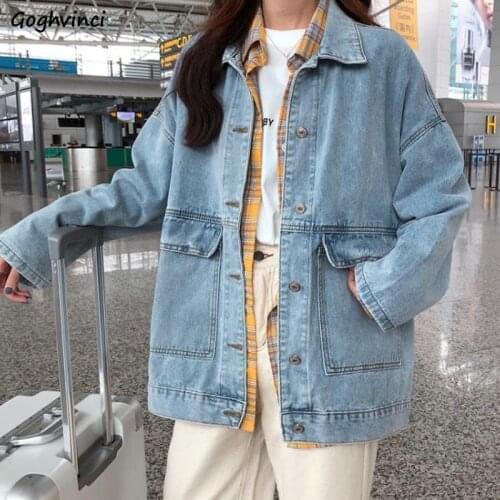 Denim Jackets Women Solid Pockets Turn-down Collar Leisure Chic Daily Outwear Coats All-match Streetwear BF Retro Harajuku New