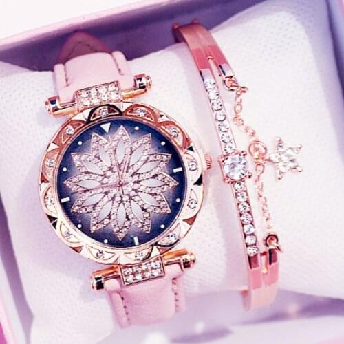 Women Watches Bracelet Set Starry Sky Flower Ladies Rhinestones Watch Casual Leather Quartz Wristwatch Clocks Relogio Feminino