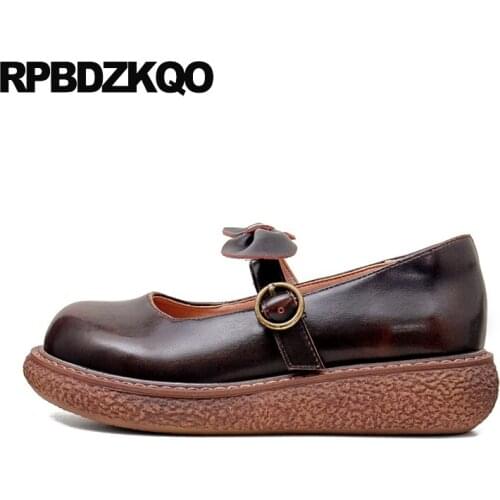 Women flats shoes with little cute bowtie vintage retro platform wedge bow brown mary jane thick sole creepers muffin lolita