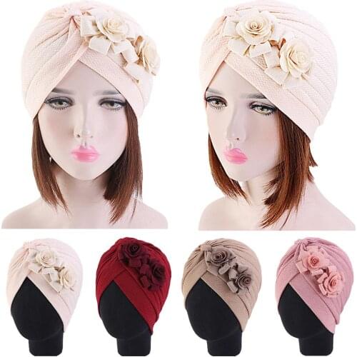 Women Muslim Islamic Elastic Turban Head Scarf Double Large Flower Beanie Hat Headwear Fashion Ruffle Turban Cap