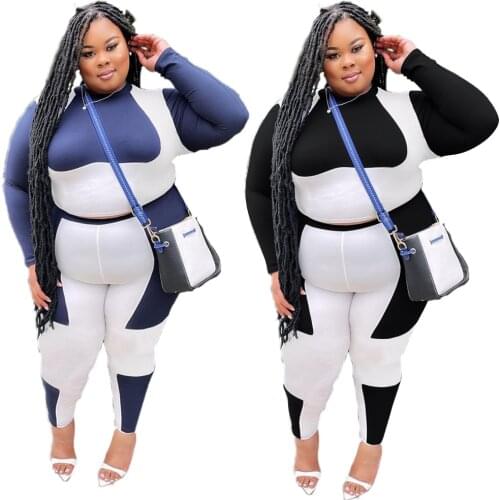 Tight Plus Size Women Outfit Temperament Sexy Round Collar Printing Contrast Color Stretch Two Piece Sets Wholesale Dropshipping