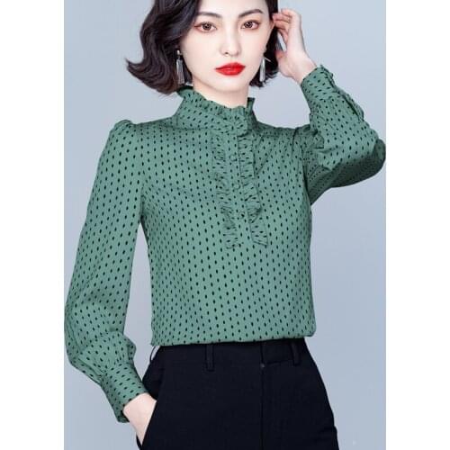 Pullover Blusa mujer Chiffon shirt Half High Collar Autumn 2021 New Chiffon Ladies top Long sleeve Wave point Women Shirt 301B