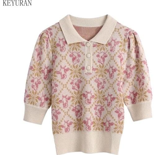 Women Thin Floral Jacquard Knitted Sweater Summer 2021 Fashion Vintage Lapel Collar Short Sleeve Female Chic Pullovers Tops