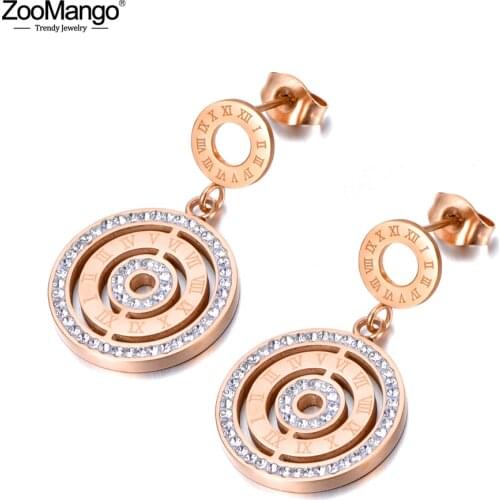 ZooMango Vintage 316L Stainless Steel Roman Numerals Earrings Bohemia Rhinestone Stud Earrings Jewelry For Women Серьги ZE20047
