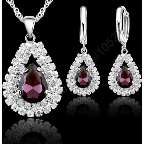 Fast Shipping Stock 925 Sterling Silver Purple Crystal Pendant Necklace Hoop Earring Set Ear Leverback Necklace 18" Silver Chain