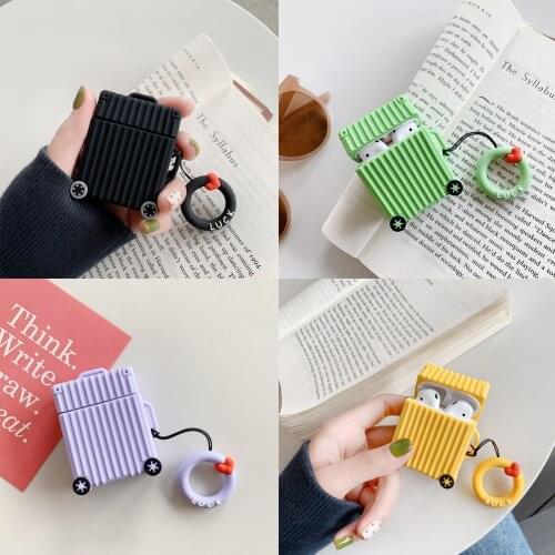 Besegad Cute Suitcase Style Protective Cover Case Sleeve Bag with Ring Rope for Apple AirPods Air Pods Headphones Accessories