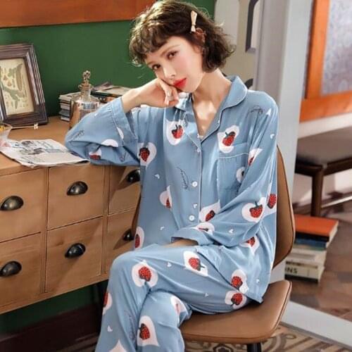 Cardigan sleep tops + pant two piece set new autumn winter pajamas for women retro print long sleeve pijama casual home suit