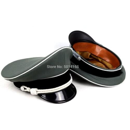 Replica WW2 German Elite Whipcord Officer Hat Cap W White Chin Pipe Silver Cord Hat sweat ring made Leather