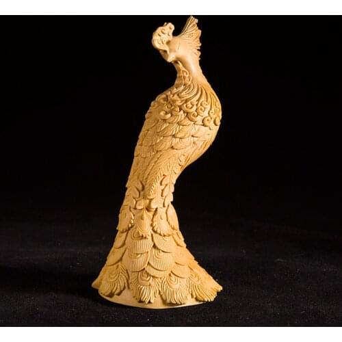 13cm Peacocks Small Figurines Wood Statue Mythology Phoenix Statue Wood Animal Statue Arts Crafts Solid Wood Statue Lucky Mascot