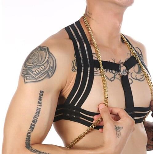 Metal Chain Harness Set Sexy Men Body Chest Shoulder Elastic Strap Bondage Stage Costume Clubwear hombre Lingerie Necklace Set